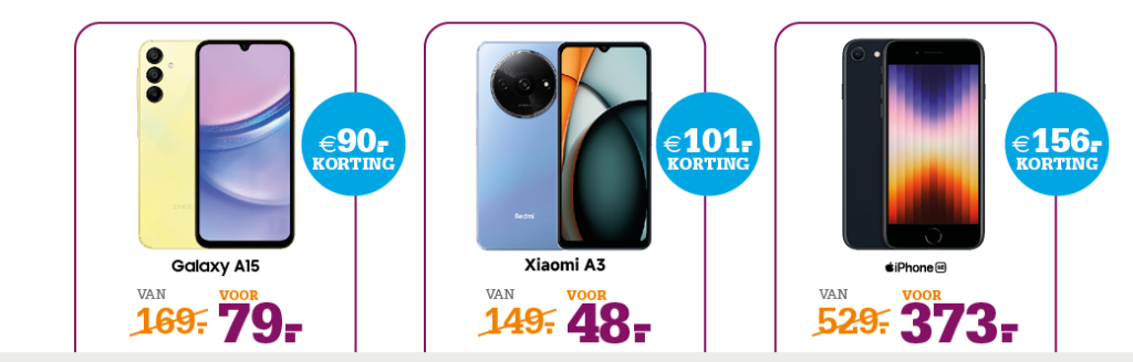 KPN aanbieding Telecombinatie - Xiaomi Redmi A3, Samsung A15 en iPhone SE actie